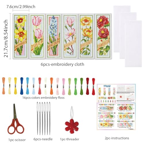 ORIGACH 6 Set Spring Floral Cross Cross Stitch Bookmark Kit for Beginner - style: Spring Floral