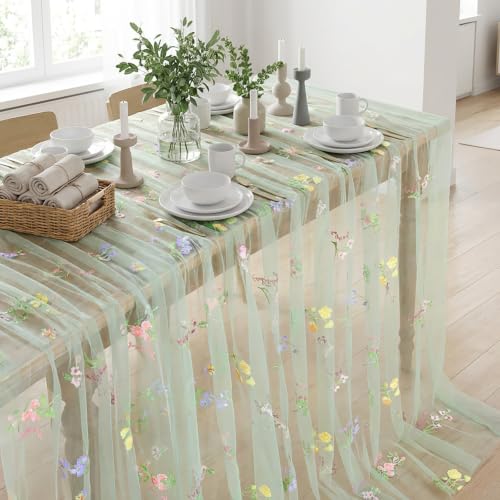 Floral Gauze Table Runner Green 10ft Embroidery Tulle Spring Wildflower - color: Green, size: 60"x120",1pc
