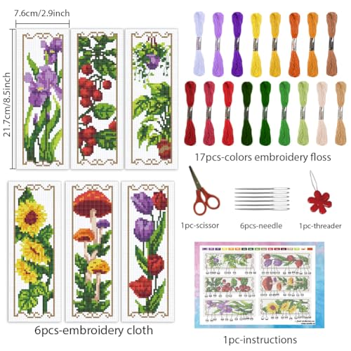 INFUNLY 6PCS Flower Plants Cross Stitch Bookmark Kit for Adults Tulip Sunflower Cross Stitch Kits DIY Crossstitch Kit Green Leaf Stamped Embroidery Bookmark Kits with Instructions for Book Lovers - style: Tulips