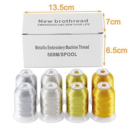 New brothread Metallic Embroidery Machine Thread - 4 Gold + 4 Silver Colors - color: 2xGold+2xVivid Gold+2xSilver+2xLight Silver