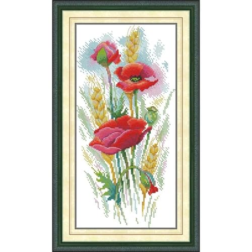 Stamped Cross Stitch Kits for Beginners- Full Set of Poppy Charm Embroidery for Adults,11 CT 3 Strands DIY Patterns Counted Arts Craft 9.5×18.5 inch - color: Poppy Charm