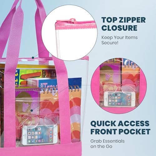 Handy Laundry Clear Tote Bag - Zipper Closure, Long Shoulder Strap, Fabric Trimming. - color: Pink