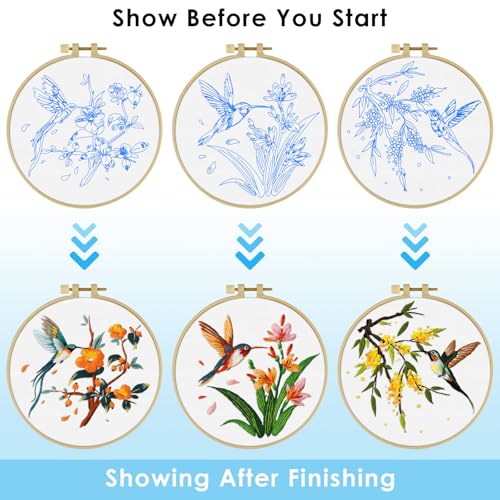ERKOON 3 Sets Embroidery Kit, Hummingbird Cross Stitch Set for Include Embroidery Cloth Hoops Threads for Craft Lover Hand Stitch (Hummingbird) - color: Hummingbird
