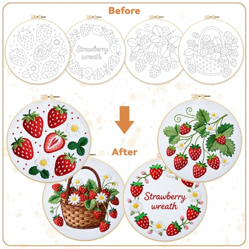 BEUNITONE 4 Set Strawberry Embroidery Kit for Adult Beginners 7.9"x7.9" DIY Stamped Needlepoint Kits with Pre-Printed Designs, Complete Handmade Embroidery Craft for Relaxing Hobby and Home Decor - style: B-Strawberry