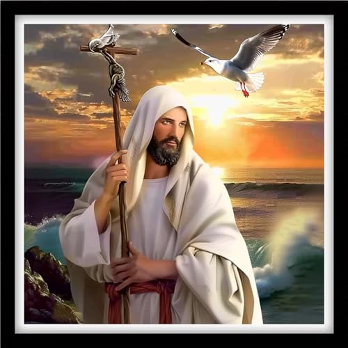 Fanxvivy Counted Cross Stitch Kits for Adults 11CT Unprinted Cross-Stitch Patterns Embroidery Kits Easy Cross Stitching Needlepoint Kits&Jesus by the Sea 18x18 inch - color: DIY-craft09