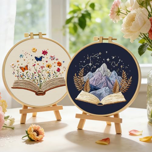ERKOON Embroidery Kit for Beginners, 2 Set Floral Cross Stitch Set Include Embroidery Cloth Hoops Threads for Craft Lover Hand Stitch with Embroidery Skill Techniques (Book) - color: Book