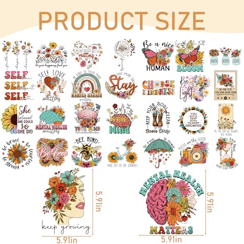 Dazoratix Mental Health Heat Transfers - 30 Sheets Inspirational Awareness Iron on Patches Design Stickers Ready to Press Positive for T-Shirts Clothing Wildflower Decals DIY Crafts Pillow Decorations - style: Mental Health-30PCs