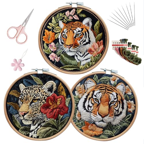 LB Red Floral Embroidery Kit for Beginners Adults,Tiger Stamped Patterns - color: Yellow Green