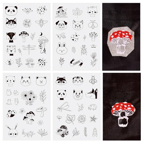 Magibeads 68 Patterns Animal Mushroom Water-Soluble Embroidery Dog Cat Flower Ladybug Dragonfly Stick and Stitch Embroidery Paper Starter Kit for Hand Sewing Beginners Adult - color: Animal & Plant