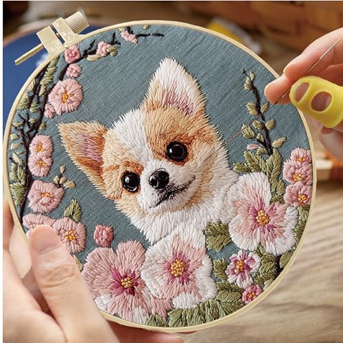 HCANPER Cute Dog Embroidery Starter Kit,DIY Needle Punch Kit, Punch Needle Kits for Beginners,Include Pre-Printed Fabric,Tools,Embroidery Hoop,Threads,Easy for Adults and Children. (Pink) - color: Pink