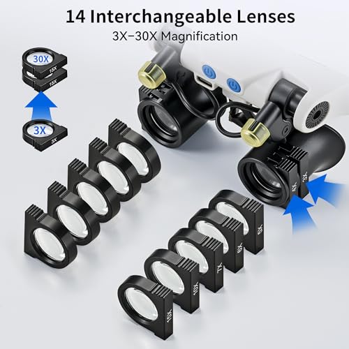 JARLINK Magnifying Glasses with LED Light, 14 Lenses, Hands Free, Black - color: Black