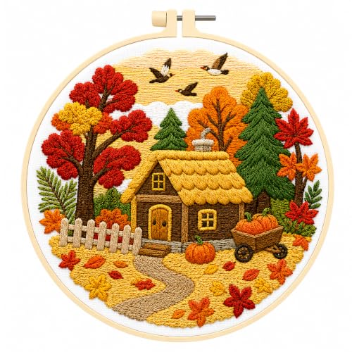 Zhenqing Autumn Cottage Embroidery Kit for Beginners, Fall Harvest Needlework Kit with Pre-Printed Cotton Fabric, Hoop, Threads & Tools, Pumpkin Home Decor (C0143) - color: Autumn Cottage