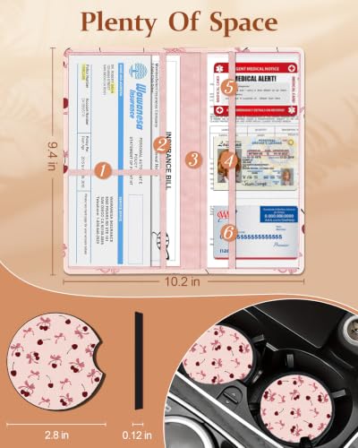 Slohif Car Registration and Insurance Holder with 2 Car Coasters, Elegant - color: Pink Cherry