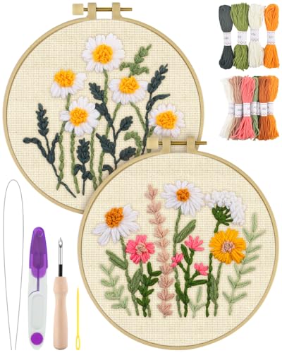 ERKOON Punch Needle Kit Adults Beginners, 2 Pcs DIY Easy Flower Embroidery Set for Starter Art Craft, Needling Punching Project with Patterns, Tools, Yarns, Hoop, Instruction (Daisies) - color: Daisies