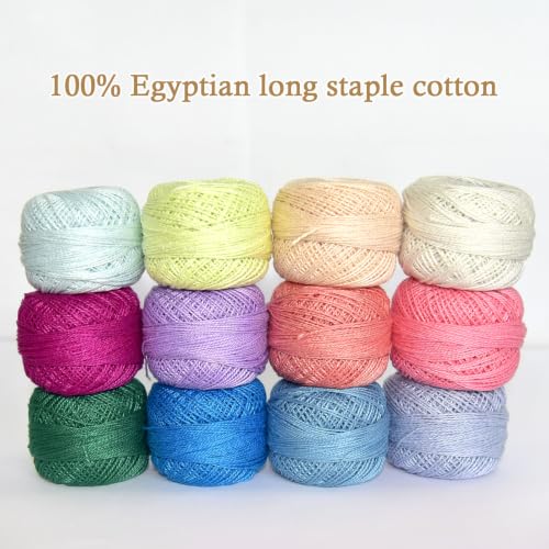 Double Mercerized Egyptian Long Staple Cotton Pearl Thread Ball 10 Grams Rainbow Color 12 Colors per Box for Crochet Hardanger Kniting Hand Sewing,Bright Vivid RainbowPalette - color: Brt Vivid Rainbow Palette