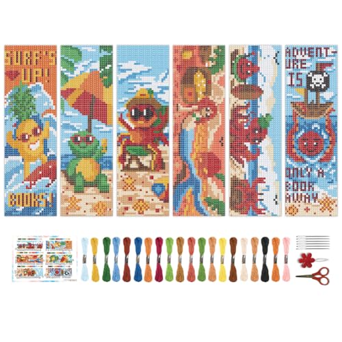 BEUNITONE 6 Pcs Cute Animals Cross Stitch Bookmark Kit for Beginner Adults DIY Beach Stamped Embroidery Bookmark Kits with Instruction for Starters Printed Cross Stitch Kits for Book Lover 8''x2.4'' - style: Fun Seaside