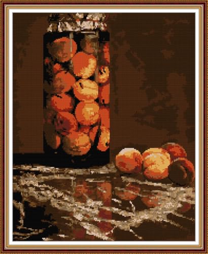 IUHUI 14 Count Stamped Cross Stitch Kits for Beginners Adults, Jar of Peaches of Claude Monet Pre-Printed DIY 14ct Embroidery Sewing Starter Kit Needlework Easy Patterns Famous Paintings - color: Jar of Peaches