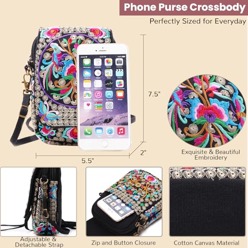 Embroidery Flowers Canvas Crossbody Bag, Women Messenger Bag, Cellphone Pouch Purse - color: Red