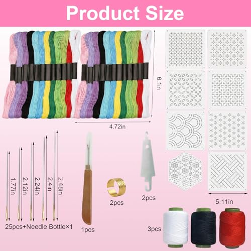 Ujukoxc 66-Piece Embroidery Set for Traditional Japanese Stitching, Sashiko Kit with Sashiko Thread and Sashiko Stencil,Includes Sashiko Needles and Sashiko Template for Fabric Art Projects