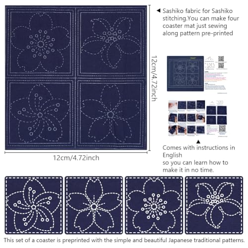 FREEBLOSS 4 Set Sashiko Coasters DIY Kit with Instructions Cherry Blossom