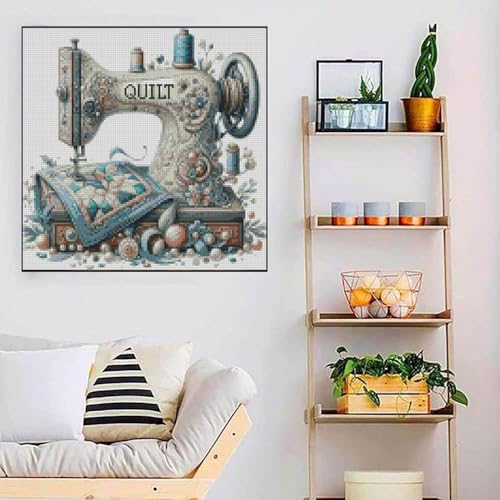 Sewing Machine Stamped Cross Stitch Kits - Vintage Sewing Machine Counted Cross Stitch Kits for Adults, Needlepoint Cross-Stitch Patterns Dimensions Needlecrafts Embroidery Kits 13.7x13.7 Inches - color: D019