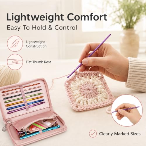 Coopay Crochet Hooks Set with Zipper Pouch, 16PCS Metal Crochet Needles - color: Pink