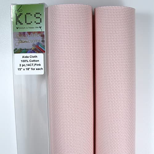 KCS 2 pc of 15" x 18" Counted Cross Stitch Cotton Aida Cloth Needlework Fabric (Pink, 14CT) - color: Pink, size: 14CT