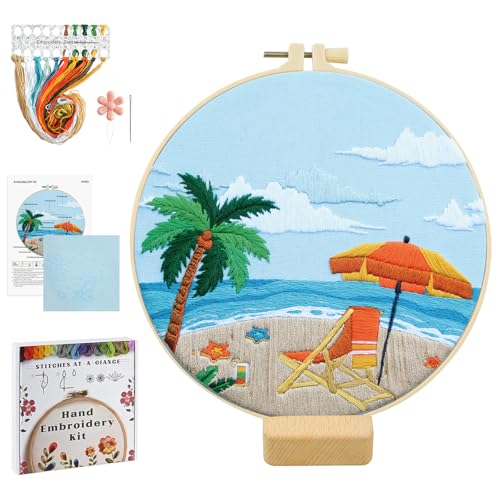 ElasignShopo Ocean Embroidery Kit for Beginners Adults, Easy Cross Stitch Kit Spring Summer Beach Ocean Pattern Embroidery Starter Kits with Wooden Hoop Needles Threads Display Stand and Instruction - color: Ocean Beach