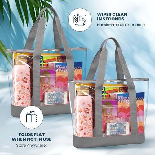 Handy Laundry Clear Tote Bag - Zipper Closure, Long Shoulder Strap, Fabric Trimming. - color: Grey