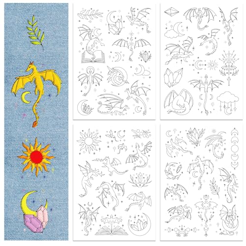 GLOBLELAND 4 Sheets Magic Dragon Water Soluble Embroidery Pattern - color: Magic Dragon