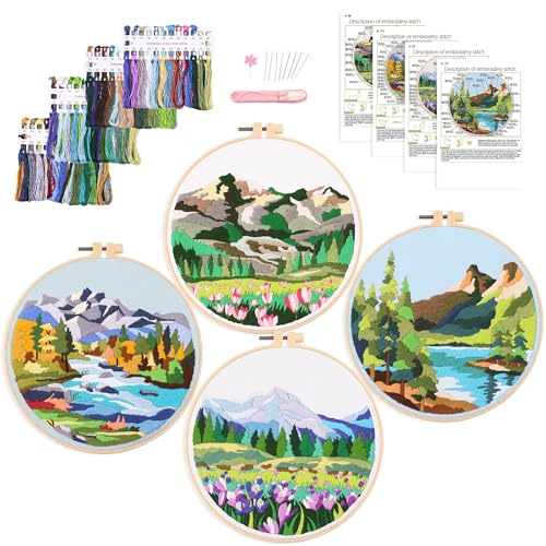 Harimau Adult Beginner Embroidery Starter Kit Natural Landscape Patterns, Complete Set with 4 Patterns, 2 Hoops, Needles, Scissors, Instruction Guide & Stitching Video Tutorials - color: Blue Mountain