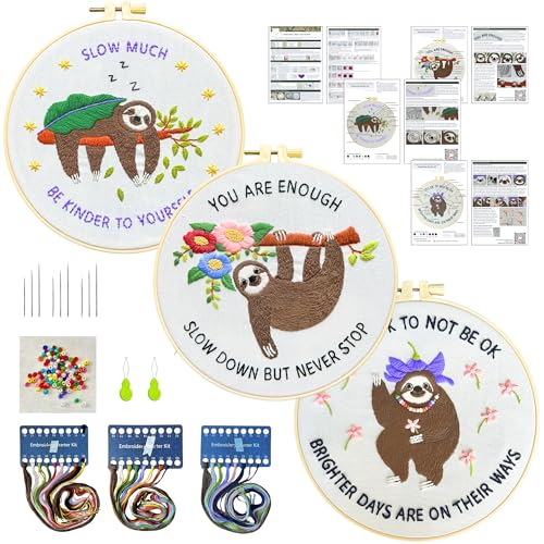 La glaneuse 3 Pack Embroidery Kit for Adult, Beginner Embroidery Kit of Positive Sloth Patterns with Positive Healling Quotes for Mental Healing - color: 3 Pack Positive Sloth