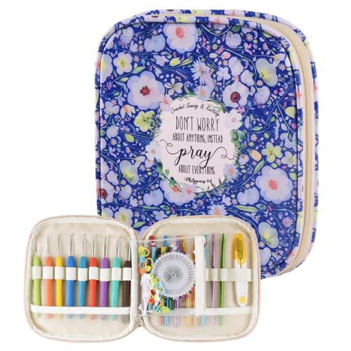 Crochet Hook Case,Portable Zipper Storage Organizer Bag for Crochet Hooks, Knitting Needles, Project & Sewing Supplies, Lightweight,Easy to Hold (No Accessories Included).Royal Blue Flowers - color: royal blue flowers