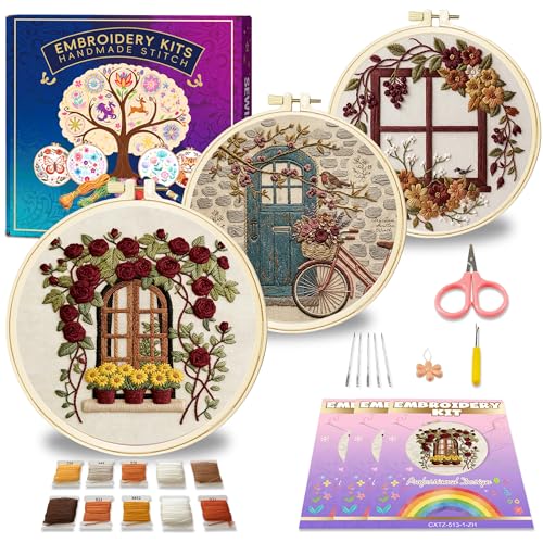 Huacan Embroidery Kit for Adults Beginners with 3 Hoops & Gift Box - color: Vintage Floral