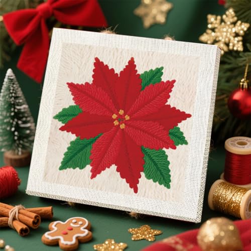 BEUNITONE Poinsettia Pre-Print Punch Needle Kit for Beginners Adults Gifts - color: 08-Crimson