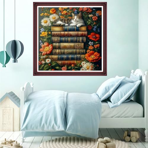 Funchey Counted Cross Stitch Kits for Adults Needlepoint Kits Unprinted Cross Stitching Embroidery Kit 11CT Cross Stitch Supplies-Books, Cats, Flowers 18x18 inch - color: ArtsKits19