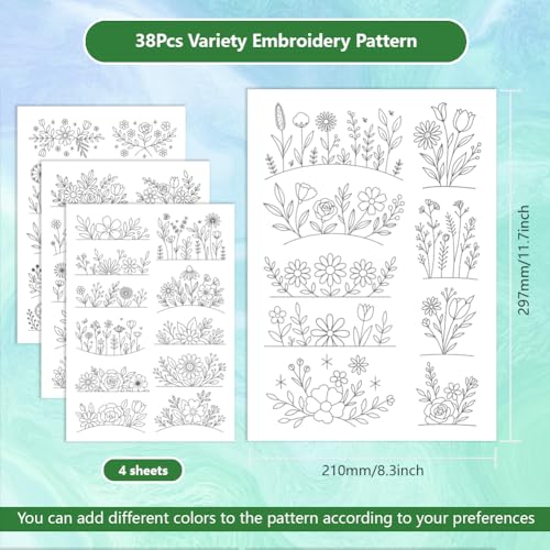 ORIGACH 4 Sheets Water Soluble Embroidery Patterns Stabilizers - Pre-Printed Wildflower Bushes Designs - Stick & Stitch Embroidery Paper for Hand Sewing Lovers - color: Wildflower Bushes