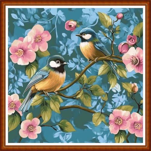 Redxing Counted Cross Stitch Kit for Beginners,Unprinted Needlepoint Kits for Beginners Cross Stitching Embroidery Kit 11CT Stitches kit-Birds Singing Flowers Fragrant 18x18 inch - color: SetColor05