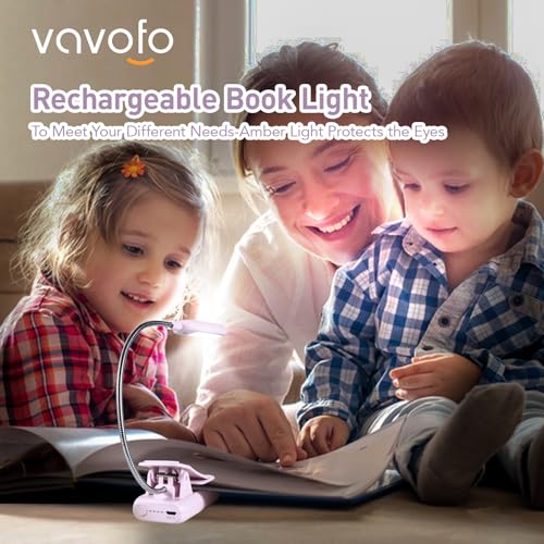 VAVOFO Rechargeable Book Light, Blue Light Blocking, Amber 1600K Clip On Reading Light, Eye Care 7 LEDs Kids Book Light for Reading in Bed with Power Indicator for Bookworms (Pink Purple) - size: 1-Pack Pink Purple