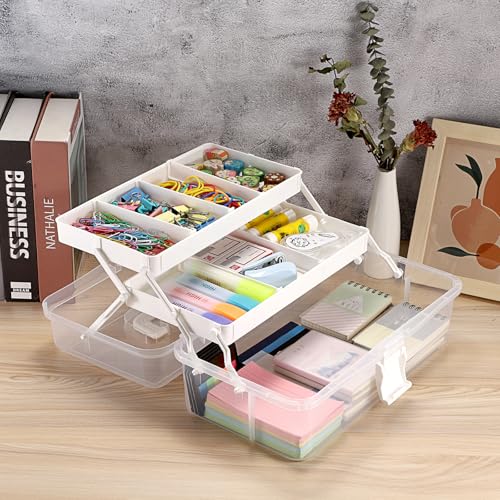 BTSKY 3-Layer Clear Plastic Dividing Storage Box Craft Organizer and Storage with Adjustable Spacers Portable Handled Art Supply Organizer Multipurpose Home Utility Box Sewing Organizers(Beige White) - color: Clear+Beige White