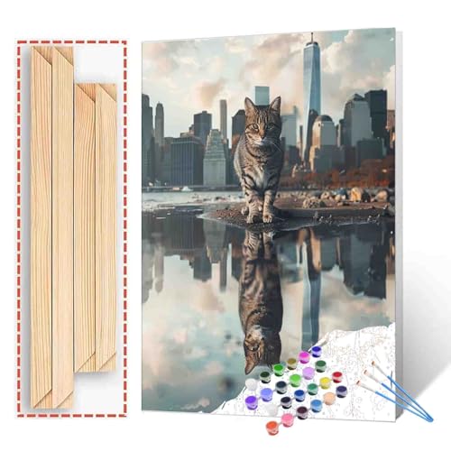 Paint by Numbers Kits DIY Reflection of Animals in Water Acrylic Watercolor Pigment Cat or Lion Oil Paintings Kits Adult Beginner Kids Canvas Artwork Home Living Room Decor 16''W x 20''H（Manual Frame） - color: Art-09, size: 16''Wx20''H(DIY Frame)