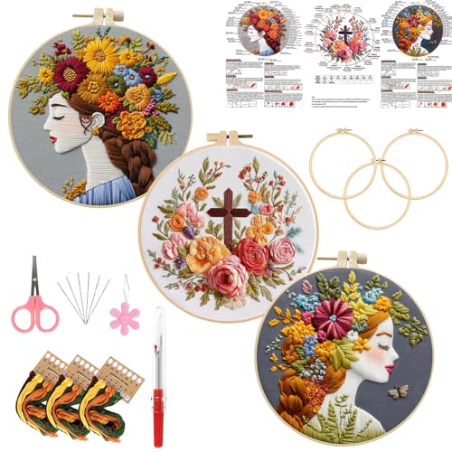 LYMIGER 3 Packs Embroidery Kit for Adults, Embroidery for Beginners (Girl) - color: Girl