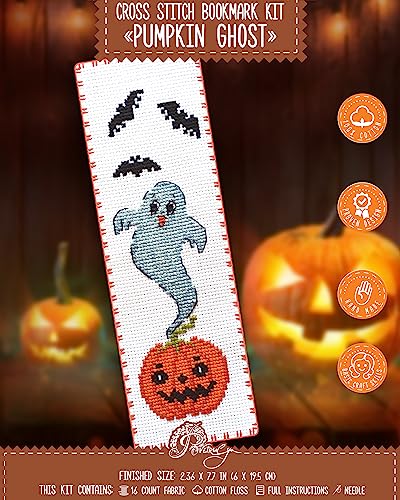 Povitrulya Counted Cross Stitch Bookmark Kit 'Pumpkin Ghost' - DIY Embroidery Set for Adults - color: Ghost