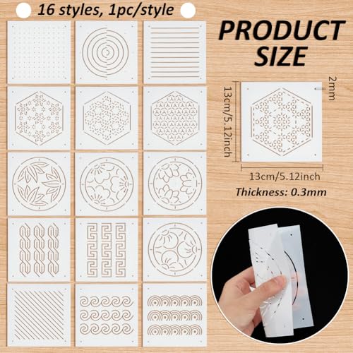 BENECREAT 16Pcs 4Styles Plastic Sashiko Stencil, 5x5inch Dots & Lines, Hexagons, Botanicals, Continuous Embroidery Tool Drawing Line Template for Hand Quilting and Embroidery, 0.3mm Thick - style: Dots & Lines Patterns