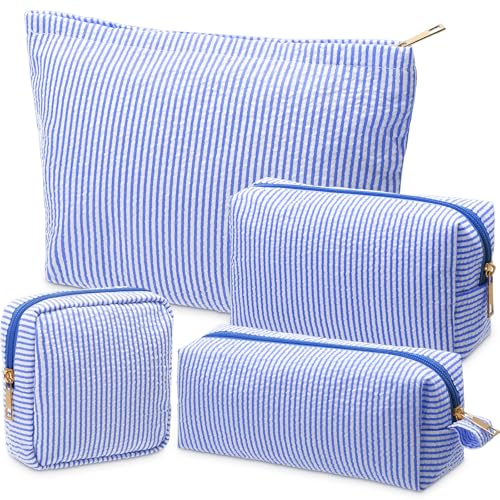 Sanwuta 4 Pcs Seersucker Pouch Striped Makeup Bag Set, Dark Blue - color: Dark Blue