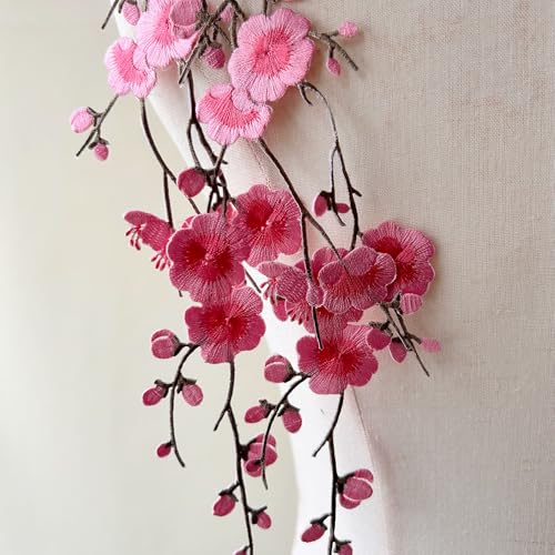 2pcs Iron on Plum Flower Applique Pink Color Embroidery Vine of Floral for Clothing,Costumes - color: Pink