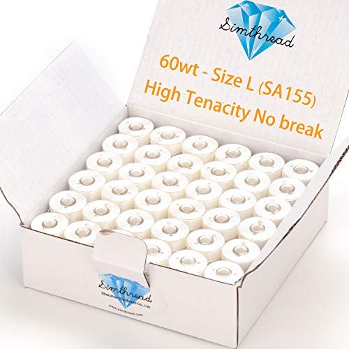 Simthread 144pcs Size L SA155 60WT Prewound Bobbin Thread - White - color: 60wt 144White