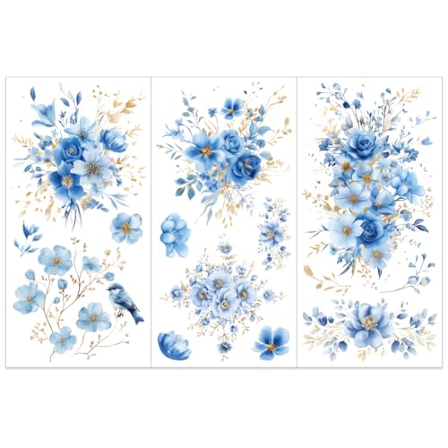 OLYCRAFT 3pcs/Set Blue Gold Foil Flower Transfer Stickers 6x12 Inch Rub on Transfers for Furniture and Crafts Blue Flower Furniture Decals Floral Theme Rub on Decals for Wood Home Window Decor - style: Juliet
