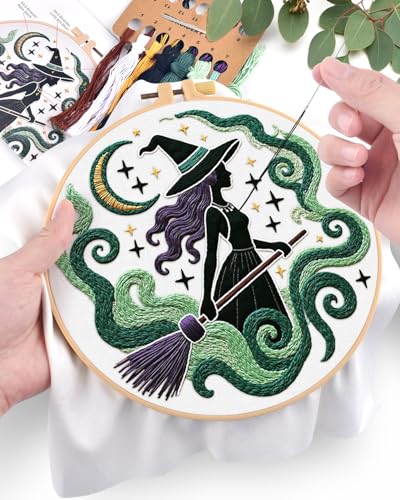 ERKOON Embroidery Kit for Beginners Adult, Cross Stitch Set Include Embroidery Cloth Hoops Threads for Craft Lover Hand Stitch with Embroidery Skill Techniques (Black Witch) - color: Black Witch