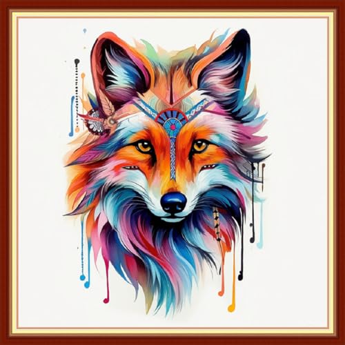 Disxvivy Cross Stitch Stamped Full Embroidery Kits DIY 11CT Cotton Thread Printed DIY Needlepoint Kits Craft Needlework Set Cross-Stitch Stamped Sets- Rainbow Wolf 18x18 inch - color: Artstyle22